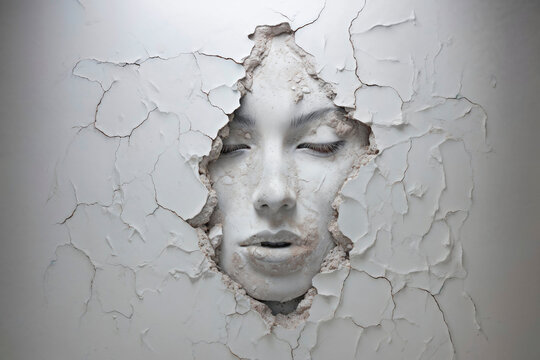 Human face emerging from cracked white surface Generative AI image