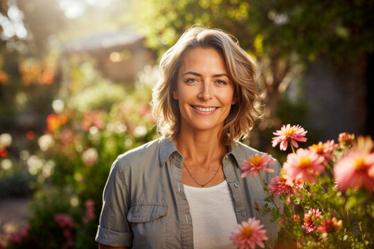 Radiant woman enjoying sunny day in flower garden Generative AI image