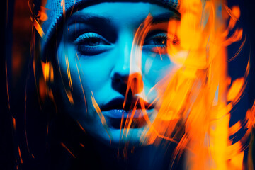 Woman's portrait with dramatic blue light and fire effect Generative AI image
