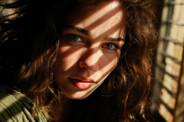 Intense gaze of a young woman in dappled sunlight Generative AI image