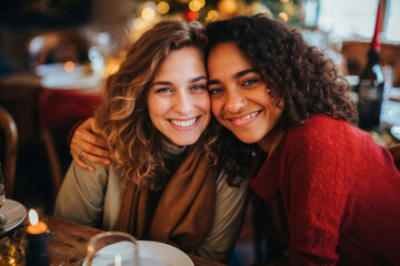 Two Women Sharing a Joyful Hug During a Cozy Dinner Generative AI image