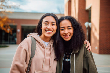 Smiling female friends embracing outside campus Generative AI image