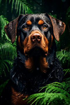 Majestic Rottweiler amidst a rainforest setting Generative AI image