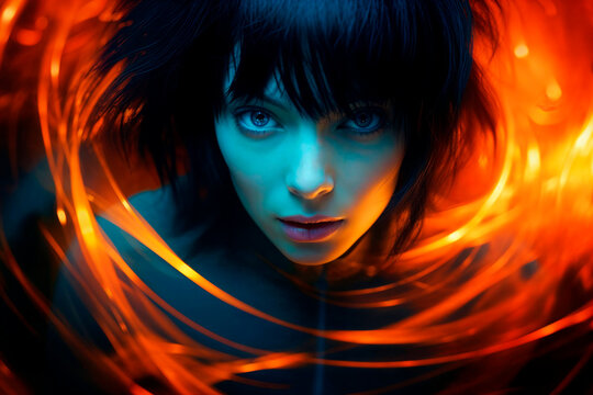 Surreal portrait of a woman surrounded by fiery effects Generative AI image