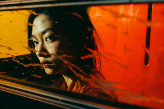Contemplative woman with striking shadow play Generative AI image