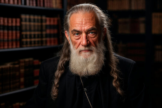 Wise Elderly Man with Long Beard in Library Generative AI image