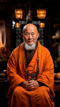 Serene Buddhist monk in traditional orange robes Generative AI image