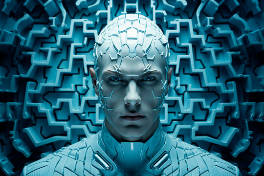 Futuristic cybernetic human against a complex circuit backdrop Generative AI image