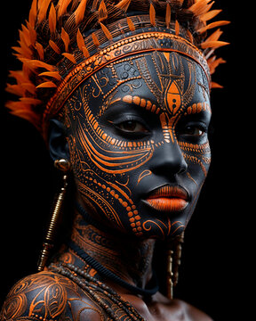 Exquisite tribal body art on a model with dramatic headdress Generative AI image