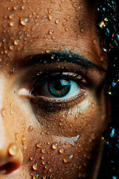 Intense gaze of a water-dappled eye close-up Generative AI image
