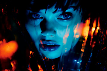 Mysterious woman with blue lighting and fiber optics Generative AI image