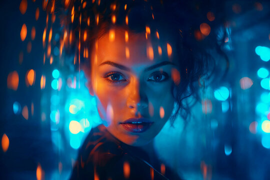 Mysterious woman with captivating eyes behind lights Generative AI image