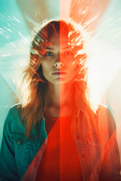 Artistic portrait of a woman with colorful light effects Generative AI image