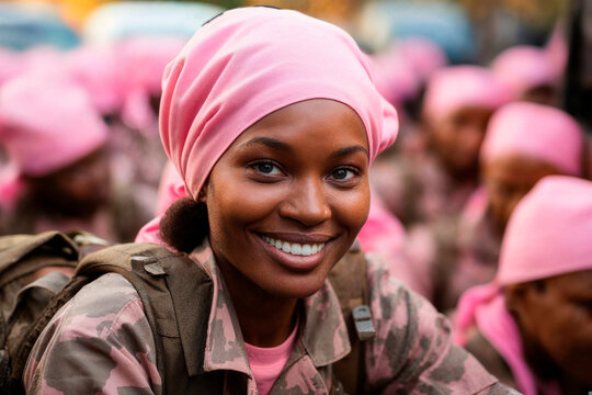 Smiling soldier in pink headscarf among her peers Generative AI image