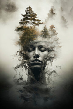 Surreal nature and woman portrait fusion Generative AI image