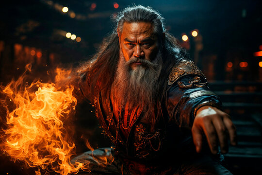 Mystical ancient warrior with a fireball in hand Generative AI image