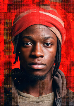 Young man with intense gaze on a digital red backdrop Generative AI image