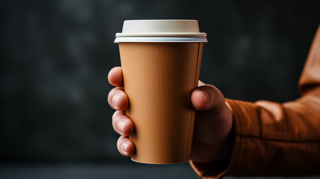 Man holding paper takeaway cup outdoors, closeup. Coffee to go. Close up of Disposable  Coffee paper Cup with white Lid holding on hand for takeaway on blur Background
