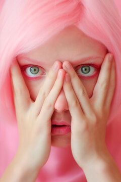 Eye-catching portrait with pink hair and striking gaze Generative AI image