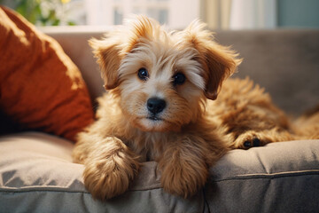 Adorable puppy lounging on cozy home sofa Generative AI image