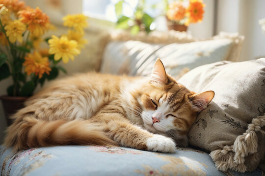 Cozy cat nap in sunlit home with fresh flowers Generative AI image