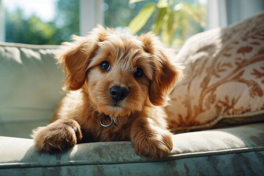 Adorable golden puppy lounging on a sunny sofa cushion Generative AI image