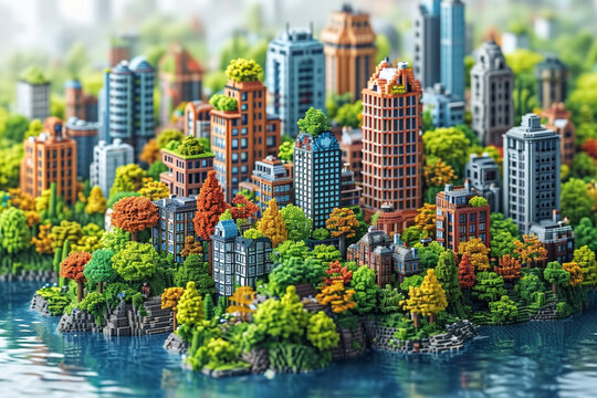 illustration of 3D pixel art city in bright colors