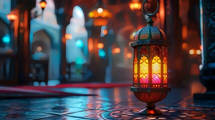 Lantern on the wooden table with blurred background. Ramadan Kareem concept.