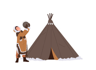 Eskimos woman cartoon character playing ethnic tambourine, having fun and dancing nearby wigwam tent - obrazy, fototapety, plakaty