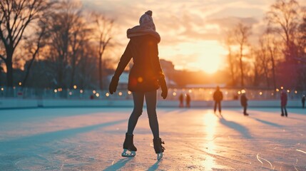 a beautiful woman ice skating on ice rink in winter at sunset outside. - obrazy, fototapety, plakaty