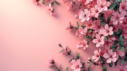 Beautiful pink cherry blossom flowers on pink background with copy space