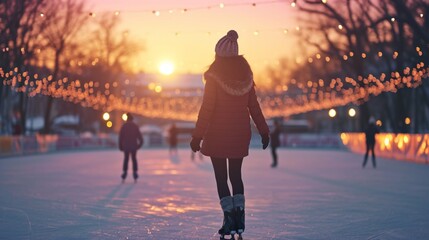 a beautiful woman ice skating on ice rink in winter at sunset outside. - obrazy, fototapety, plakaty