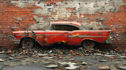 3d wallpaper design with a classic car  driving through a broken wall