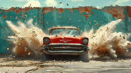 3d wallpaper design with a classic car  driving through a broken wall - obrazy, fototapety, plakaty