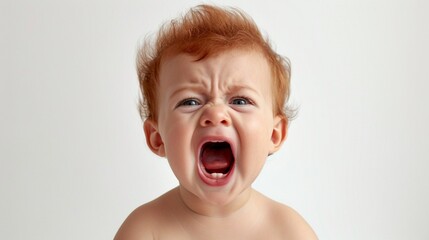 a closeup photo of a cute little baby boy child crying and screaming isolated on white background.