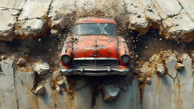 3d wallpaper design with a classic car  driving through a broken wall