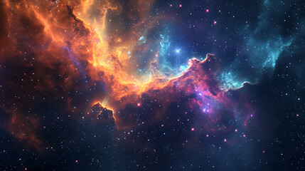 an orange, orange, and blue cosmic nebula in space, in the style of photorealistic fantasies, light black and magenta - obrazy, fototapety, plakaty