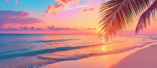 Picturesque tropical beach sunset with palm leaves, calm shoreline. Luxury destination banner for vacation - obrazy, fototapety, plakaty
