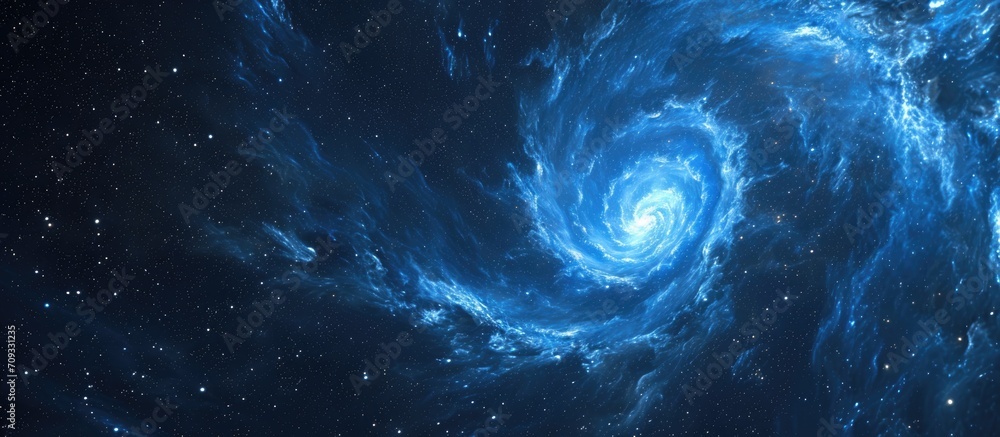 Poster generated abstract rendering of blue spiral nebula in space.