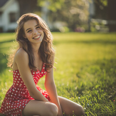 Beautiful happy brunette girl wearing red polka dot dress, smile and sitting on green back yard lawn with copy space