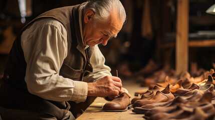 serious, senior shoemaker holding leather boot while looking at camera - obrazy, fototapety, plakaty