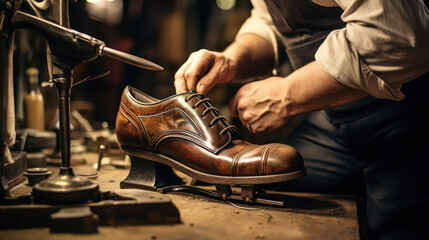 serious, senior shoemaker holding leather boot while looking at camera