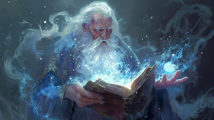 a drawing illustration of a old ice magic wizard man with long grey hair and white beard holding a magical book and using freeze sphere spells. background wallpaper.