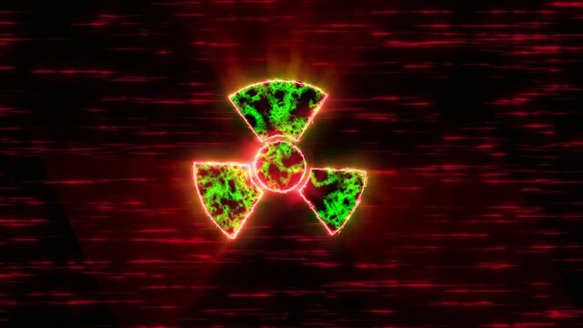 Nuclear Radioactive Animation Background Uses For Nuclear Video Concept. Radiation Toxic Sign And Danger And Warning Symbol Animation On Red Background, Radioactive Warning Symbol Icon Background Anim