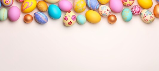 Decoratively painted Easter eggs on white background, creating a festive border. Banner with copy space. For spring event invitations and holiday social media posts. Spirit of Easter celebrations.