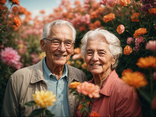 AI generated illustration of a portrait of happy black elderly couple in a flower garden