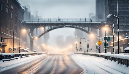 A city street in the heavy snow. - obrazy, fototapety, plakaty