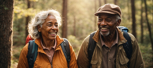 AI generated illustration of a happy black elderly couple hiking in a sunny forest - obrazy, fototapety, plakaty
