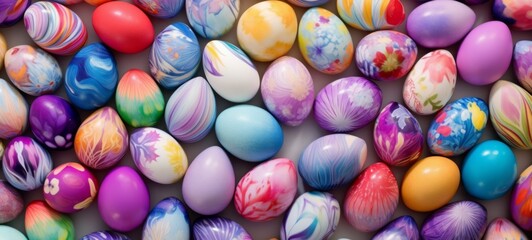 Fototapeta na wymiar Colorful collection of decorated Easter eggs, closely packed, showcases a range of patterns and hues. Top view. Copy space. Suitable for Easter event promotions or creative projects.