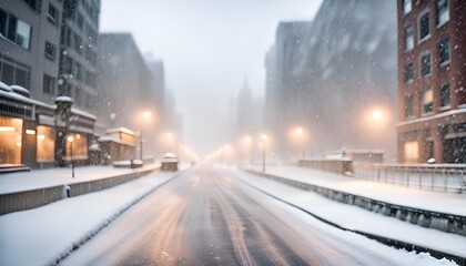 A city street in the heavy snow. - obrazy, fototapety, plakaty
